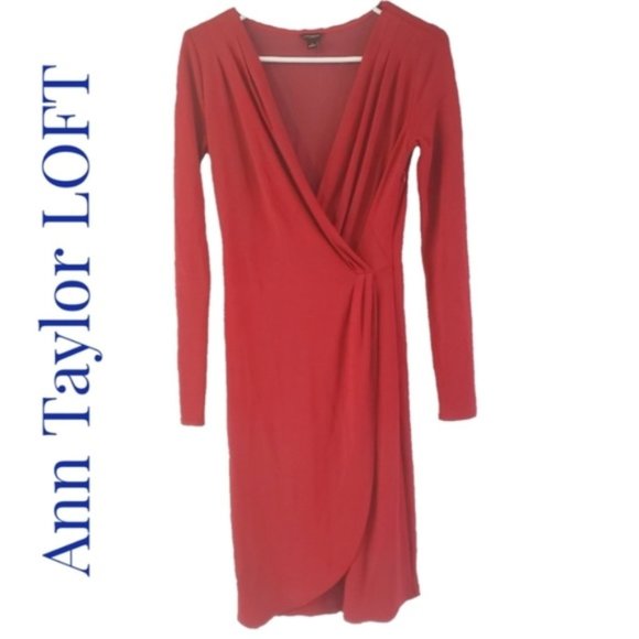 Ann Taylor Shirred Faux Wrap Dress Sz 0 Red - Picture 2 of 9
